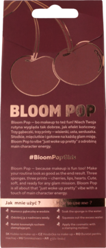Tył opakowania gąbeczki do makijażu Bloom Pop KillyS wiśnie, z metalicznymi wiśniami i instrukcjami.