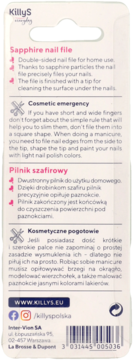Tył opakowania pilnika szafirowego Killy's, z opisem produktu, wskazówkami i kodem kreskowym, na beżowym tle.