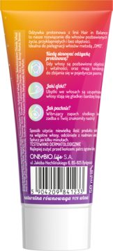 Tył tubki odżywki proteinowej OnlyBio Hair in Balance 50 ml, z opisem po polsku i barkodem.