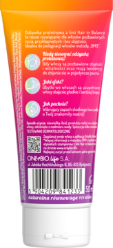 Tył tubki Onlybio Hair in Balance proteinowa odżywka do włosów z kivi, różowo-fioletowa, polskie napisy, kod QR.