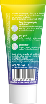 Tył opakowania odżywki Hair in Balance OnlyBio, 50ml. Zielono-niebieska tubka z informacjami o włosach i zapachu mango.