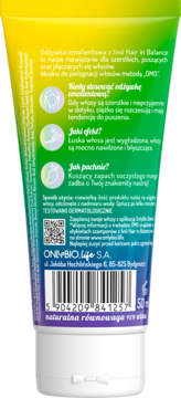 Tył odżywki emolientowej OnlyBio Hair in Balance. Żółto-zielono-niebieska tuba z polskim tekstem o działaniu i zapachu mango.