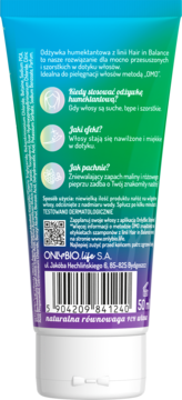 Tył niebiesko-zielonej tubki OnlyBio Hair in Balance, odżywka humektantowa 50ml, z opisem, maliną i pieprzem.