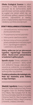 Tył Oliwki Ecological Essence, różowe opakowanie z tekstem po polsku o składzie, efektach i użyciu.