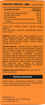 Tył opakowania suplementu Kurkuma i Piperyna + Imbir. Widoczne składniki aktywne, dawkowanie i ostrzeżenia.