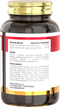 Tył ciemnej butelki suplementu Żeń Szeń Duo (żeń-szeń właściwy i amerykański). Na etykiecie polski tekst o składzie.