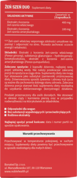 Tył czerwonego opakowania Żeń-szeń Duo, suplementu diety z żeń-szeniem, z opisem składu i dawkowania dla wegan.