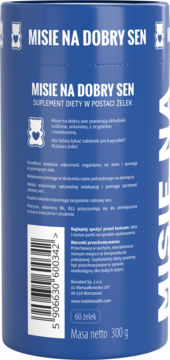 Misie na dobry sen, suplement diety w żelkach. Niebieski słoik, widok z tyłu z kodem kreskowym i składem.