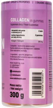 Fioletowy pojemnik suplementu COLLAGEN in gummies 300g, tył, z danymi o składnikach i kodem.