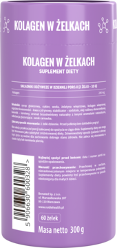 Fioletowe opakowanie Kolagen w żelkach, suplement diety, widok z tyłu z listą składników i kodem kreskowym.