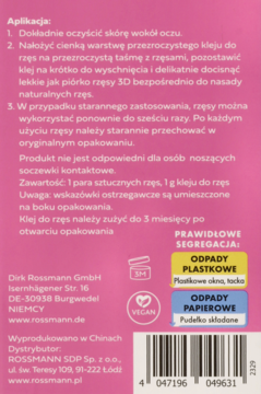 Tył różowego opakowania rzęs Rossmann z klejem, z białym polem na tekst, instrukcjami i ikonami recyklingu.