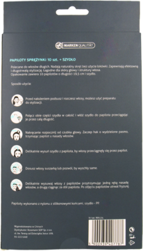 Tył ciemnego opakowania papilotów sprężynek 10 sztuk z szydłem, z instrukcją użycia i kodem kreskowym.