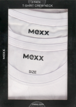 Dwa białe męskie T-shirty Mexx z okrągłym dekoltem w czarnym opakowaniu. Widoczne logo Mexx.