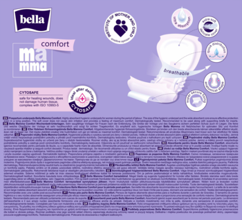 Bella Mamma Comfort podkłady poporodowe, biały podkład o podwyższonej chłonności na fioletowym tle.