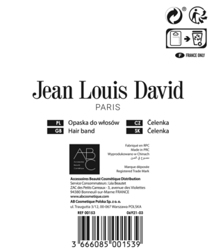 Tył opakowania opaski do włosów Jean Louis David, widok z tyłu z kodem kreskowym i tekstem w kilku językach.