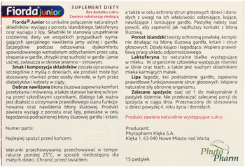 Ulotka suplementu Fiorda Junior, opis składu i użycia pastylek na gardło, beżowo-zielone tło.