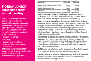Fiorda Junior malinowy suplement diety. Różowo-biała ulotka z opisem składu i działania na gardło i chrypkę.