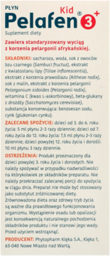 Płyn Pelafen Kid 3+, białe opakowanie suplementu diety na odporność, czerwony napis, widok z przodu.