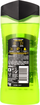 Tył limonkowo-zielonej butelki AXE męski żel pod prysznic Epic Fresh 400 ml, z czarną etykietą, kodem kreskowym i tekstem.