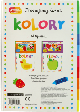 Tylna okładka książki dziecięcej "Poznajemy świat KOLORY" z Akademii Mądrego Dziecka, barwne ilustracje.