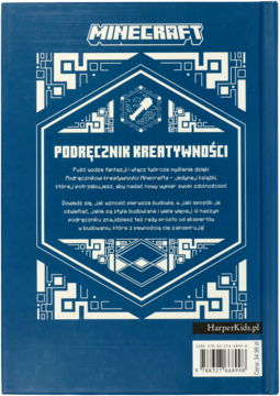 Niebieski tył książki Minecraft Podręcznik Kreatywności z białym heksagonem, ikoną kilofa i kodem kreskowym.