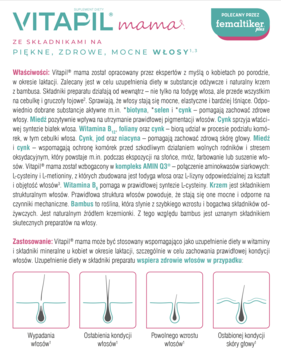 Ulotka suplementu VITAPIL mama: opis produktu, składników na piękne włosy i 4 ikony problemów z włosami.