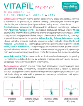 Artykuł informacyjny o VITAPIL mama, suplemencie na włosy dla mam, z opisem składników i ilustracjami.