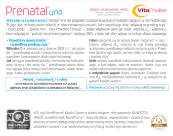 Biała ulotka Prenatal uno, suplement dla kobiet w I trymestrze ciąży, tekst o DNA, witaminach i logo NQS.