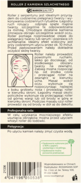 Tył kartonowego opakowania rollera do masażu twarzy z serpentynu, z polskimi instrukcjami i ikonami recyklingu.