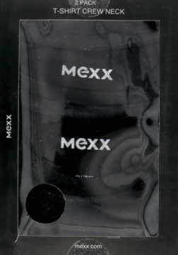 Czarne opakowanie 2 męskich t-shirtów Mexx z okrągłym dekoltem, widok z przodu. Duże logo Mexx na folii.