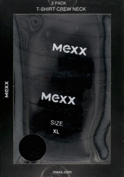 2-pak czarnych t-shirtów Mexx z dekoltem crew neck, rozmiar XL, w przezroczystym opakowaniu, widok z przodu.