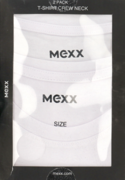 Dwa białe męskie t-shirty Mexx z okrągłym dekoltem, w przezroczystym opakowaniu z czarnymi brzegami, z przodu.