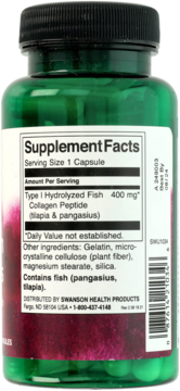 Tył zielonej butelki suplementu z hydrolizowanym kolagenem rybim, widok etykiety Supplement Facts.