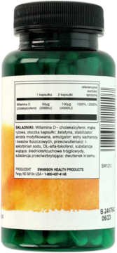 Tył zielonej butelki suplementu Swanson Witamina D3 2000 IU, z czarną nakrętką i polską etykietą składników.