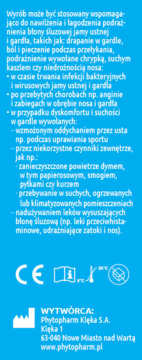 Niebieska etykieta: opis produktu do nawilżania i łagodzenia podrażnień jamy ustnej i gardła, symbole, Phytopharm.