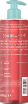 Tył czerwono-turkusowej butelki żelu pod prysznic AA YOU.mmy Skin Firm 400ml, widoczny kod kreskowy.