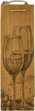 Torba prezentowa na wino z brązowego papieru kraft. Z przodu rysunek dwóch kieliszków, sera i winogron.