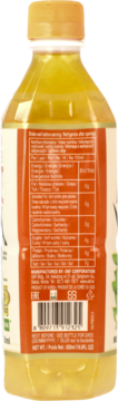 Tył butelki napoju aloesowego z mango z żółtą zakrętką, widoczna pomarańczowa etykieta z tabelą wartości odżywczych.