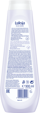 Tył opakowania kremowego płynu do kąpieli Luksja Jagodowa Babeczka 900ml. Wegański, 93% naturalny skład.