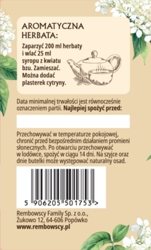 Tył beżowej etykiety syropu z czarnego bzu Rembowscy, instrukcje herbaty, przechowywania i kod kreskowy.