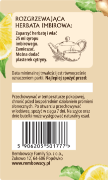 Tył etykiety syropu imbirowego Rembowscy Family, z przepisem na herbatę imbirową, kodem kreskowym i danymi producenta.