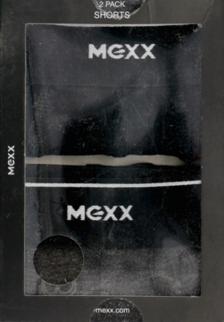 Czarne opakowanie z dwoma elastycznymi szortami męskimi MEXX z białym logo, widok z przodu.