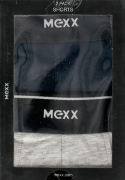 Męskie bokserki Mexx, dwupak szarych i czarnych z logo na gumce, w fabrycznym przezroczystym opakowaniu.
