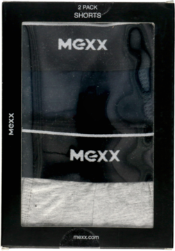 Czarny 2-pak szortów męskich MEXX w pudełku z okienkiem, widoczne szare i czarne szorty z logo.