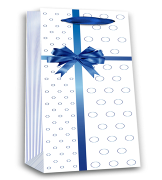 Biała, wysoka torebka prezentowa z niebieskimi kółkami, pionową satynową wstążką i elegancką kokardą.