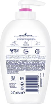Tylna strona białej butelki mydła Dove Renewing Care Peony & Rose Oil z pompką, lista składników, PETA Vegan.