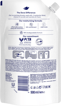 Tylna strona uzupełnienia mydła w płynie Dove Renewing Care, 500ml, z opisem składu i logo PETA.