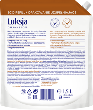 Biały wkład 1.5L mydła Luksja Creamy & Soft, widok z tyłu z opisem wegańskiej, biodegradowalnej formuły.