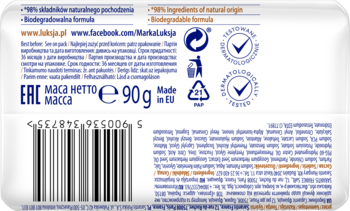Tył opakowania mydła Luksja Creamy & Soft 90g, białe, z kodem kreskowym i napisem "Made in EU".
