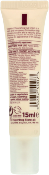Tył beżowej tubki kremu pod oczy Vitamin E Nourishing Eye Cream, z listą składników i kodem kreskowym, 15ml.